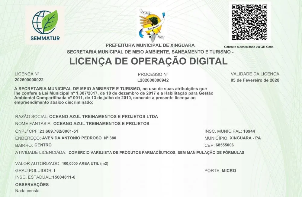 Licença de Operação para a Oceano Azul Treinamentos e Projetos